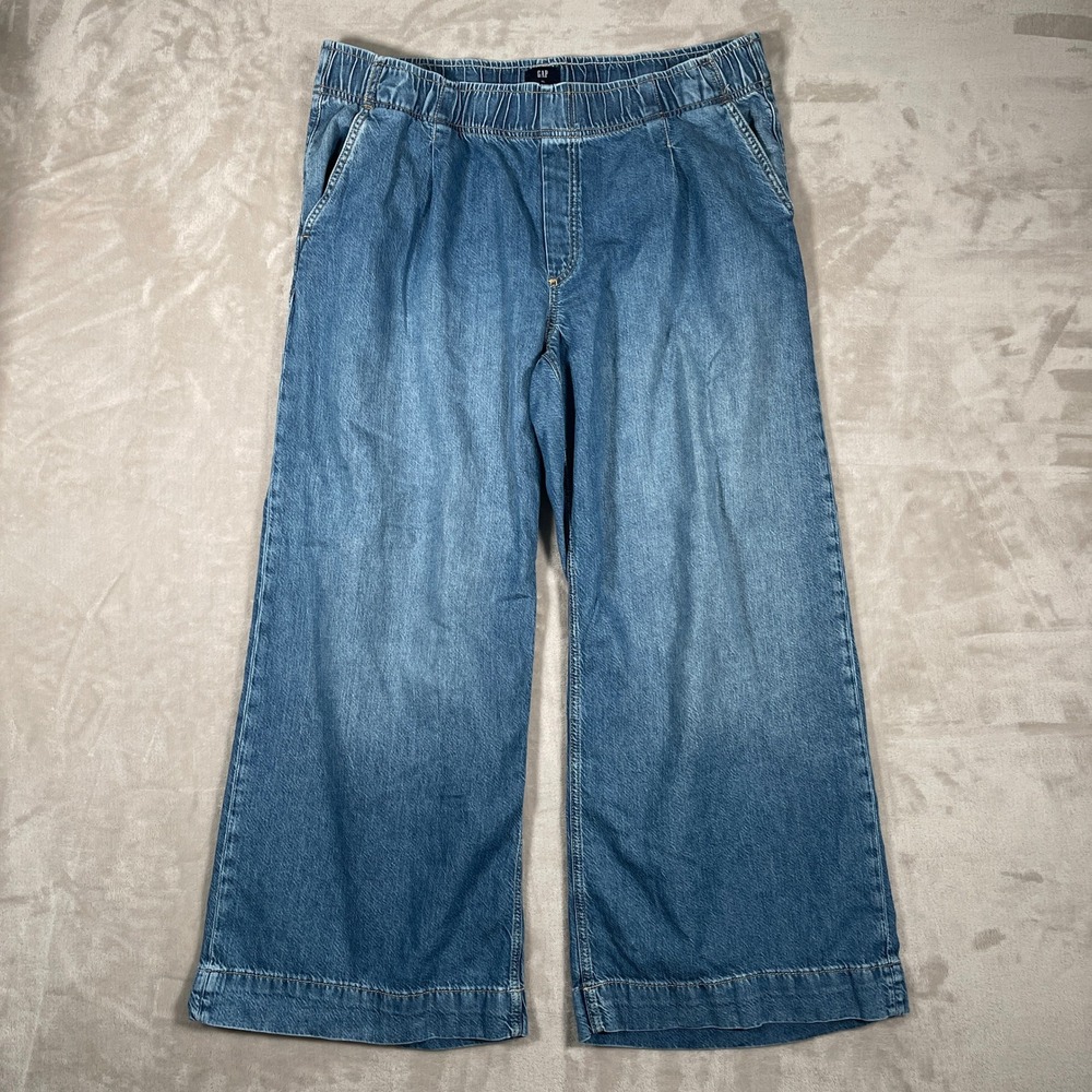 Gap Women's Jeans Ultra Soft Denim Wide Leg Elastic Waist Drawstring XL Blue